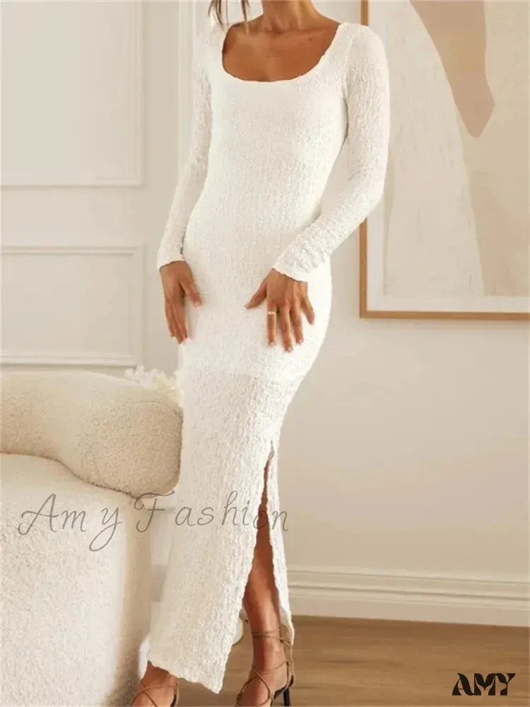 Amy Fashion - Elegant Women  Sleeve Ruched  Round Neck Low Cut Side High Split White Party Female Vestidos