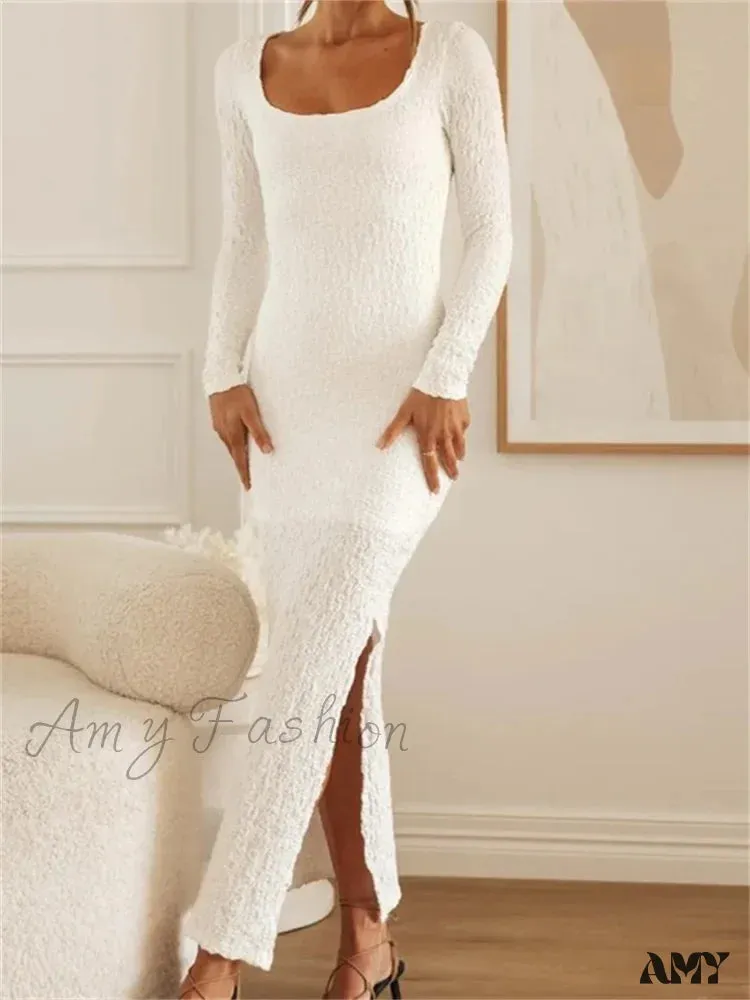 Amy Fashion - Elegant Women  Sleeve Ruched  Round Neck Low Cut Side High Split White Party Female Vestidos