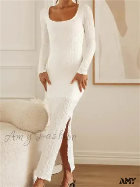 Amy Fashion - Elegant Women  Sleeve Ruched  Round Neck Low Cut Side High Split White Party Female Vestidos