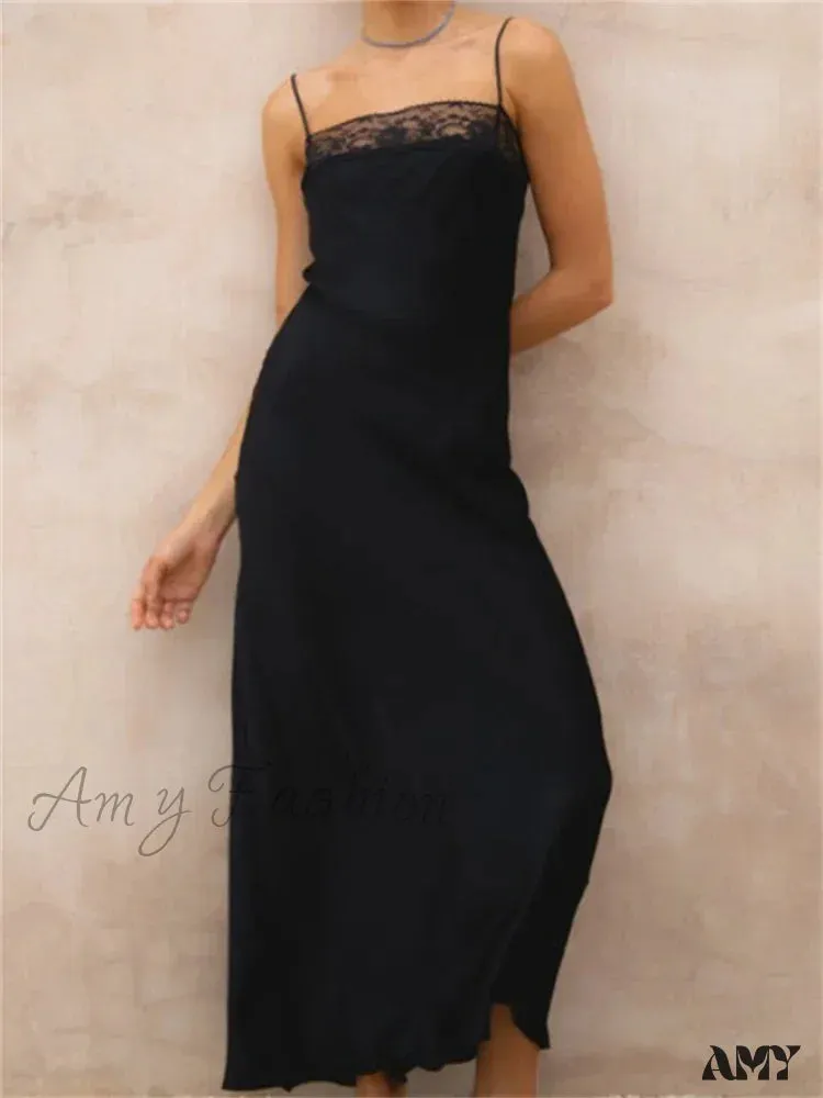 Amy Fashion - Lace Patchwork  for Women Square Neck Sleeveless Strap Black Summer Party  Female Vestidos Clubwear