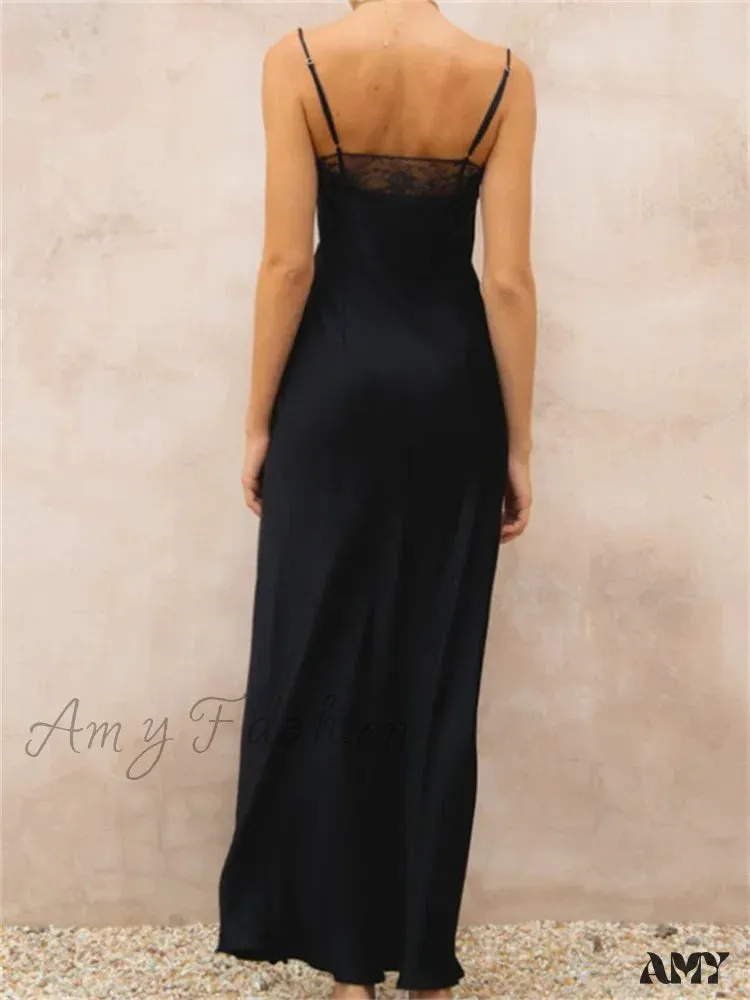 Amy Fashion - Lace Patchwork  for Women Square Neck Sleeveless Strap Black Summer Party  Female Vestidos Clubwear