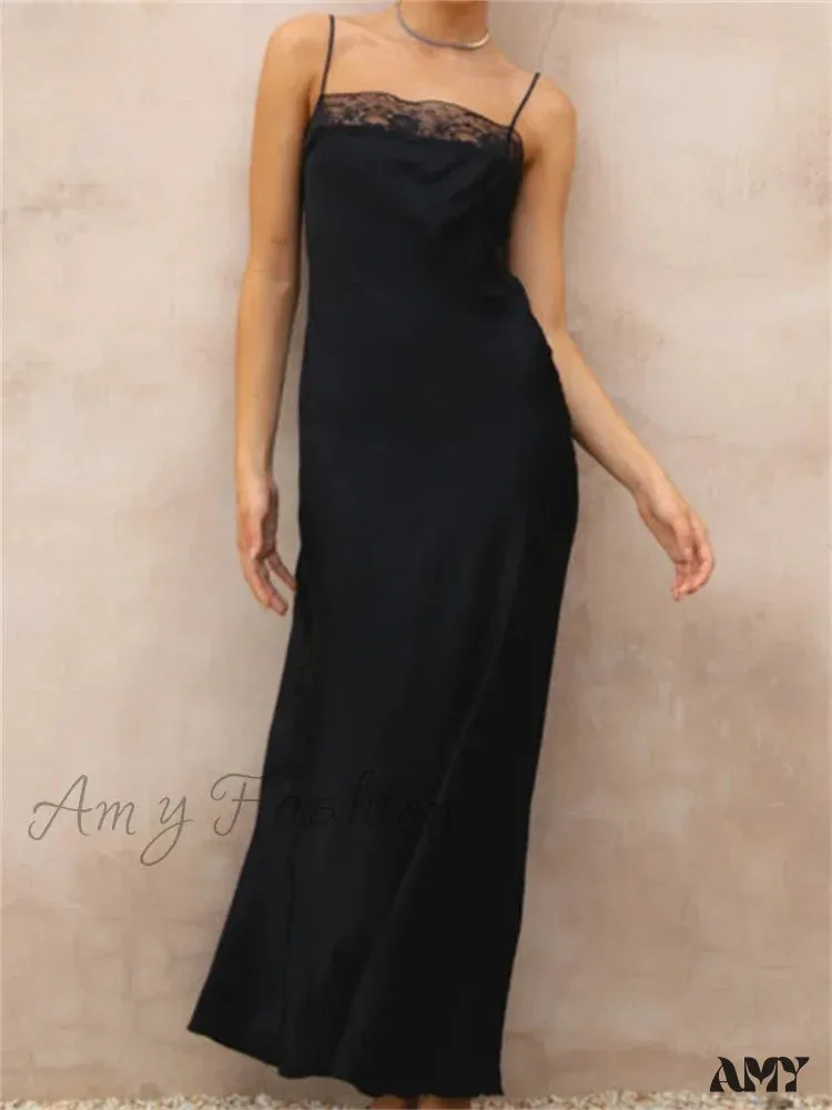 Amy Fashion - Lace Patchwork  for Women Square Neck Sleeveless Strap Black Summer Party  Female Vestidos Clubwear