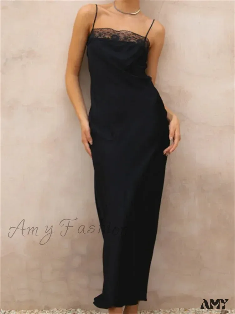 Amy Fashion - Lace Patchwork  for Women Square Neck Sleeveless Strap Black Summer Party  Female Vestidos Clubwear