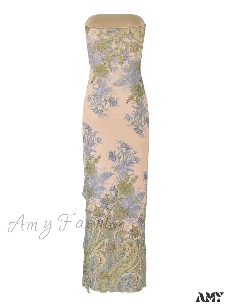 Amy Fashion - Sexy Tube  for Women Irregular Hem Tassel Strapless Off Shoulder Ruffle High Split Vestido