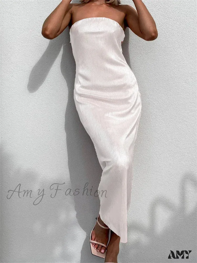 Amy Fashion - Sexy Women Ruched Tube  Strapless Off Shoulder Bodycon Solid Color Summer Party Female Vestidos