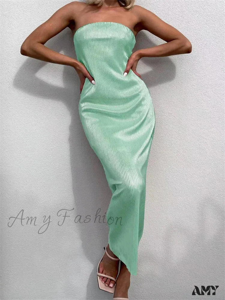Amy Fashion - Sexy Women Ruched Tube  Strapless Off Shoulder Bodycon Solid Color Summer Party Female Vestidos