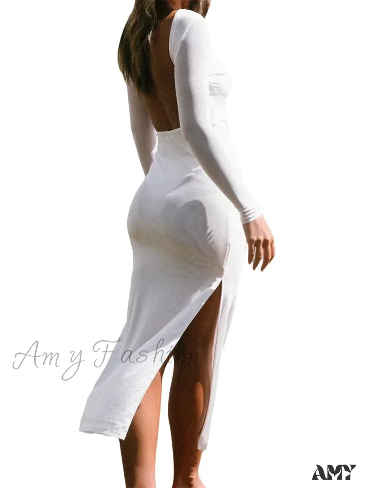 Amy Fashion - Sexy Women   Sleeve Crew Neck Backless Solid Color Slim Fit Side Split Beach Party Female Vestido