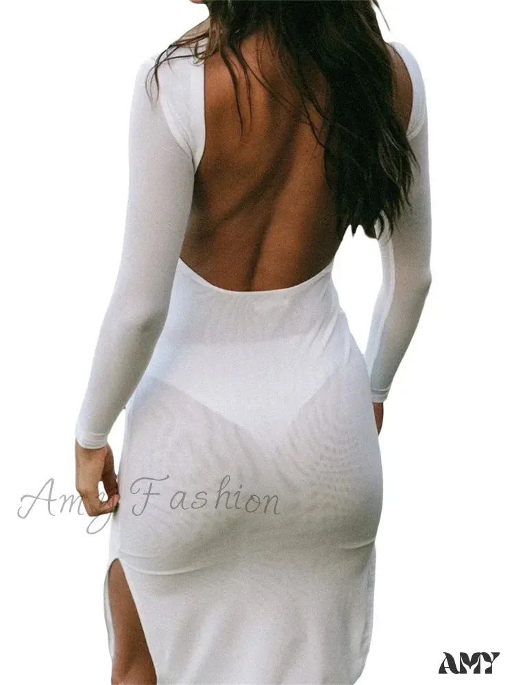 Amy Fashion - Sexy Women   Sleeve Crew Neck Backless Solid Color Slim Fit Side Split Beach Party Female Vestido