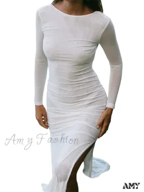Amy Fashion - Sexy Women   Sleeve Crew Neck Backless Solid Color Slim Fit Side Split Beach Party Female Vestido