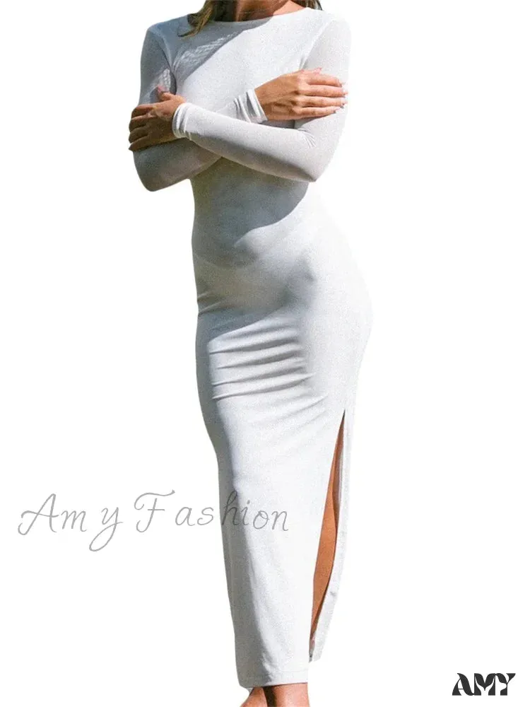 Amy Fashion - Sexy Women   Sleeve Crew Neck Backless Solid Color Slim Fit Side Split Beach Party Female Vestido