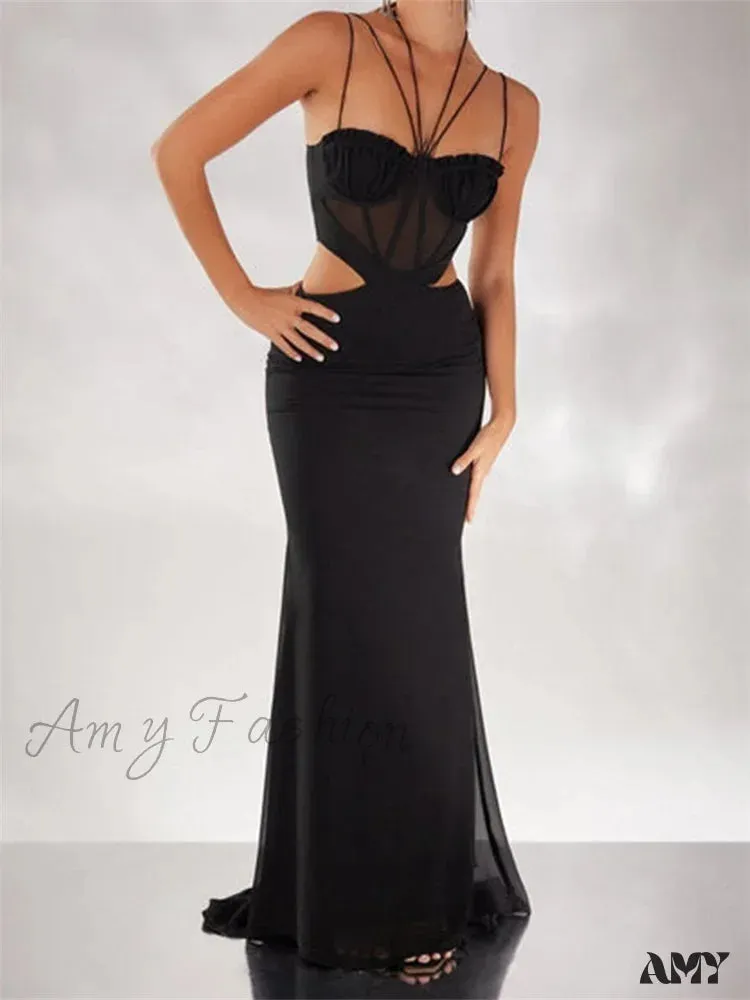 Amy Fashion - Women Black Halter Sleeveless Slim  Waist Hollow Out Spaghetti Strap Evening Summer Female Vestidos