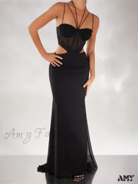 Amy Fashion - Women Black Halter Sleeveless Slim  Waist Hollow Out Spaghetti Strap Evening Summer Female Vestidos