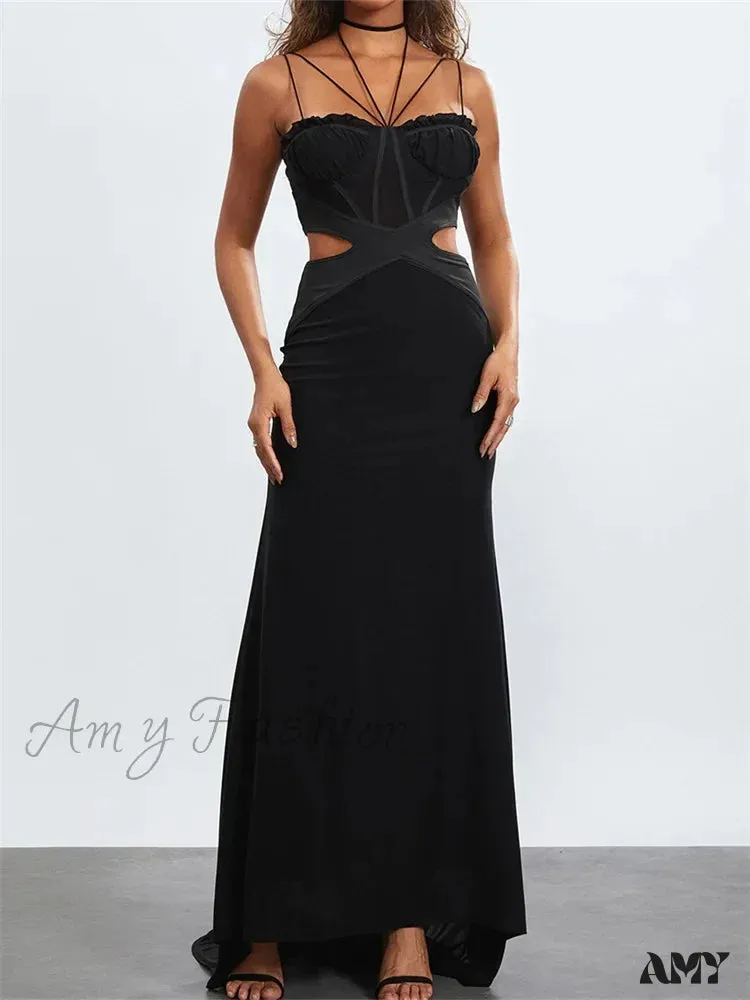 Amy Fashion - Women Black Halter Sleeveless Slim  Waist Hollow Out Spaghetti Strap Evening Summer Female Vestidos