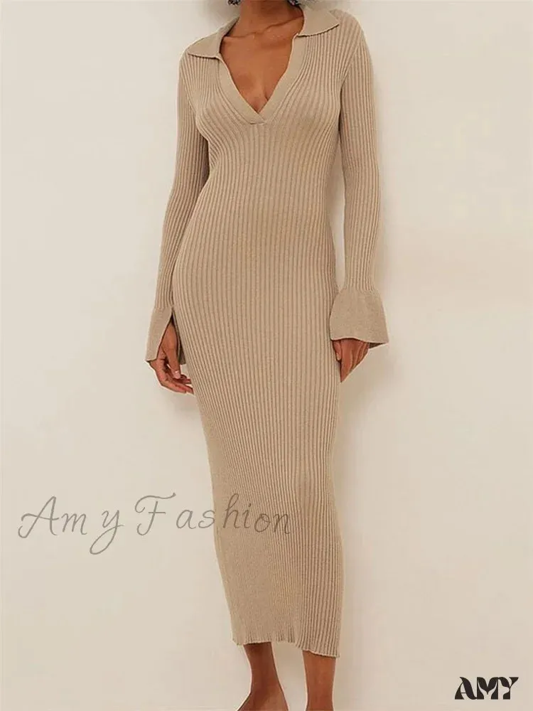 Amy Fashion - Women Ribbed Knitted   Flare Sleeve Lapel Solid Color Bodycon Party Going Out Female Vestido