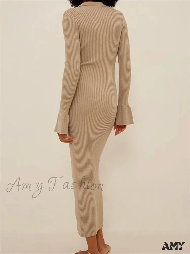 Amy Fashion - Women Ribbed Knitted   Flare Sleeve Lapel Solid Color Bodycon Party Going Out Female Vestido