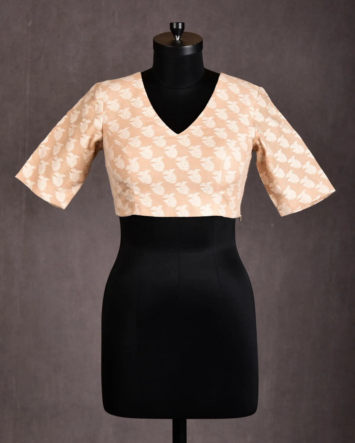 Beige Brocade Princess-Cut V-Neck Cotton Silk Blouse