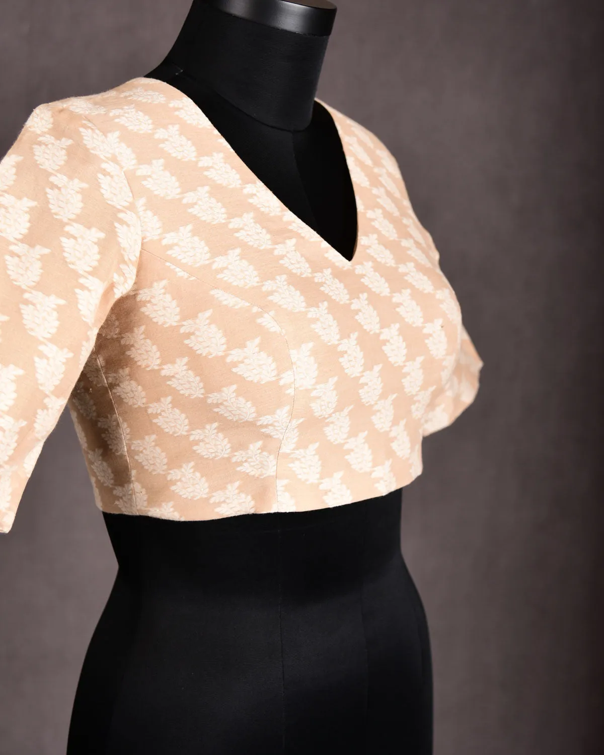 Beige Brocade Princess-Cut V-Neck Cotton Silk Blouse