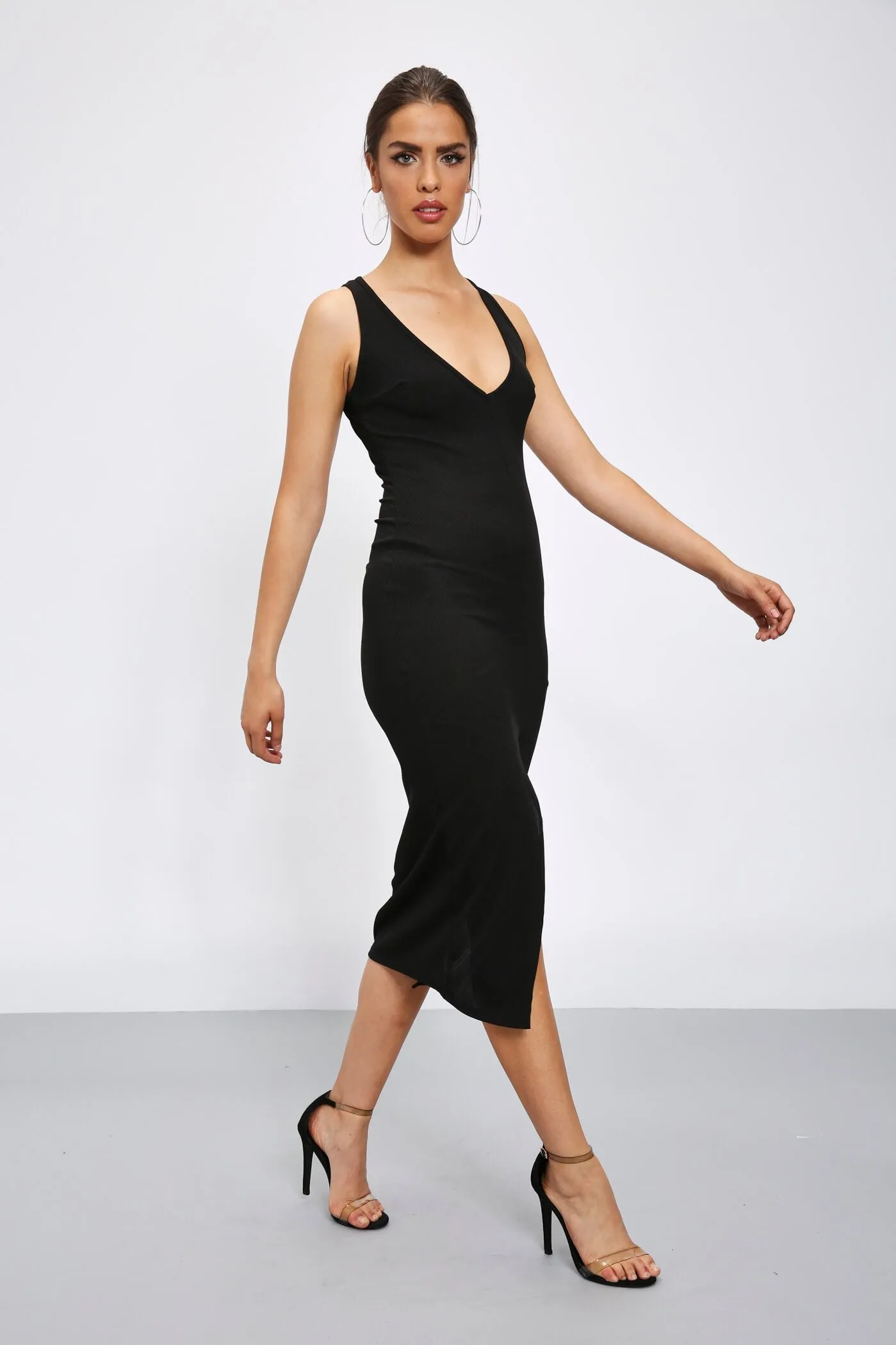 Black Ribbed Plunge Midi With Split Front