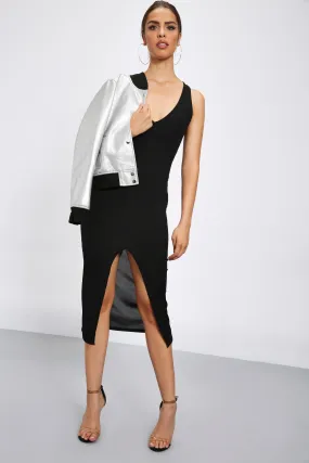 Black Ribbed Plunge Midi With Split Front