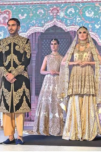 Bridal Peplum Jamawar Sharara and Navy Sherwani