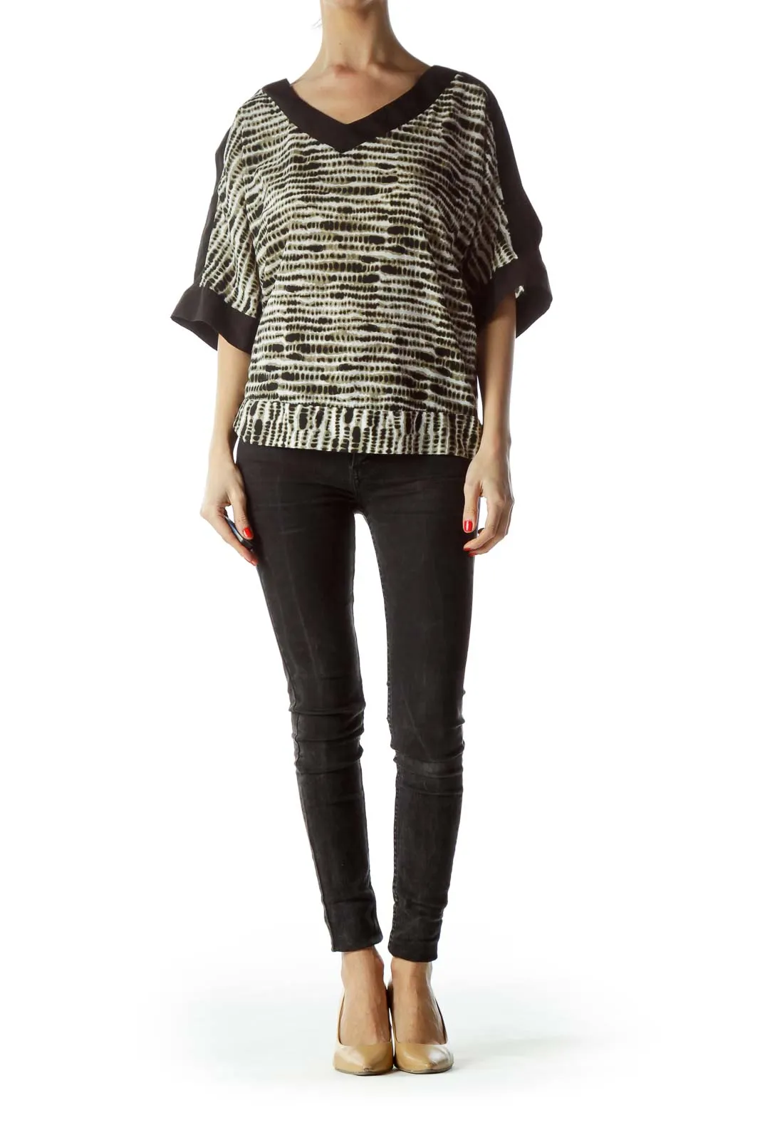 Brown & White Tie-Dye V-Neck Dolman Top