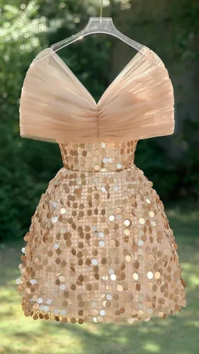 Champagne Off The Shoulder Sequin Tight Homecoming Dresses, LTP3331