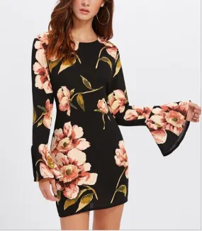 Chiffon Printing Bell Sleeve Round Neck Bodycon Dresses