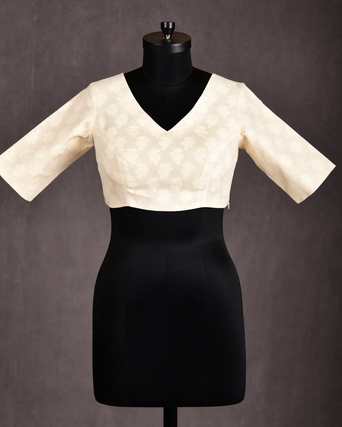 Cream Resham Buti Brocade Princess-Cut V-Neck Cotton Silk Blouse