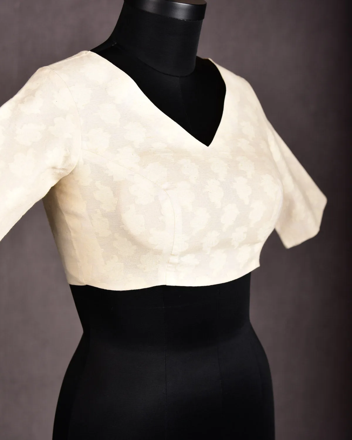 Cream Resham Buti Brocade Princess-Cut V-Neck Cotton Silk Blouse