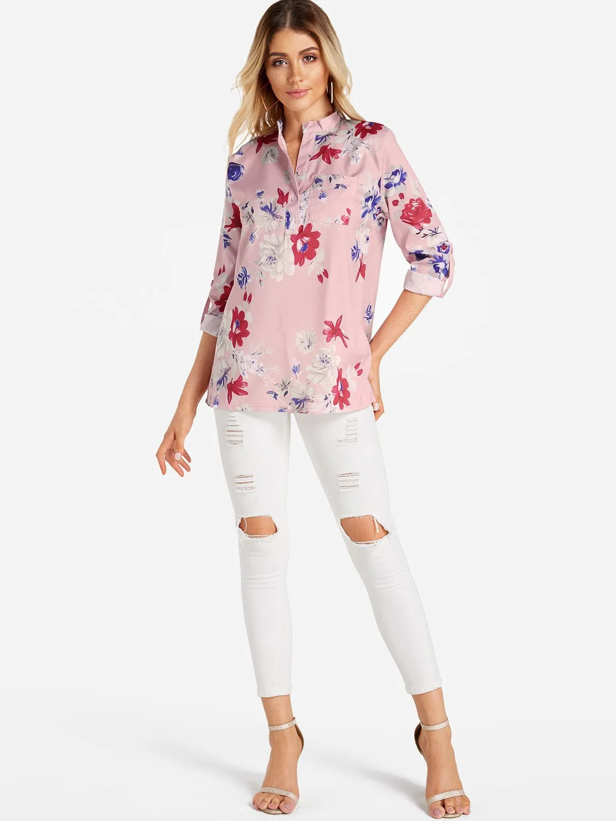 Custom V-Neck Floral Print Side Pockets 3/4 Sleeve Blouses