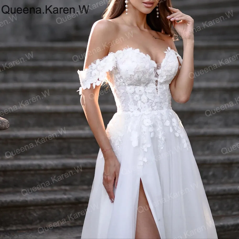 Elegant Boho A line Wedding Dress lace applique bride dress robe de mariee A line Wedding Bridal Gown