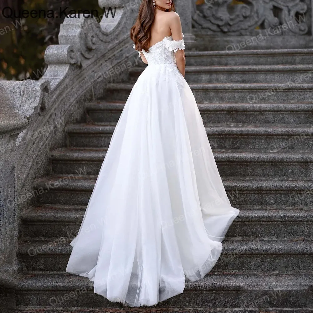 Elegant Boho A line Wedding Dress lace applique bride dress robe de mariee A line Wedding Bridal Gown