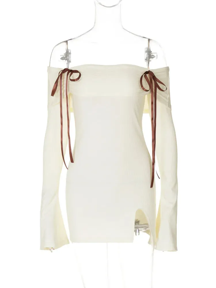 Feel Beautiful in Off-Shoulder Ribbed Dress with Ribbon Ties