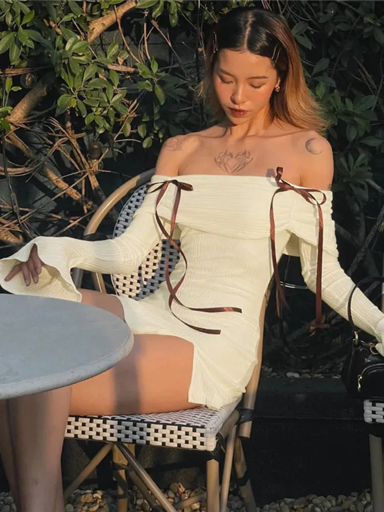 Feel Beautiful in Off-Shoulder Ribbed Dress with Ribbon Ties