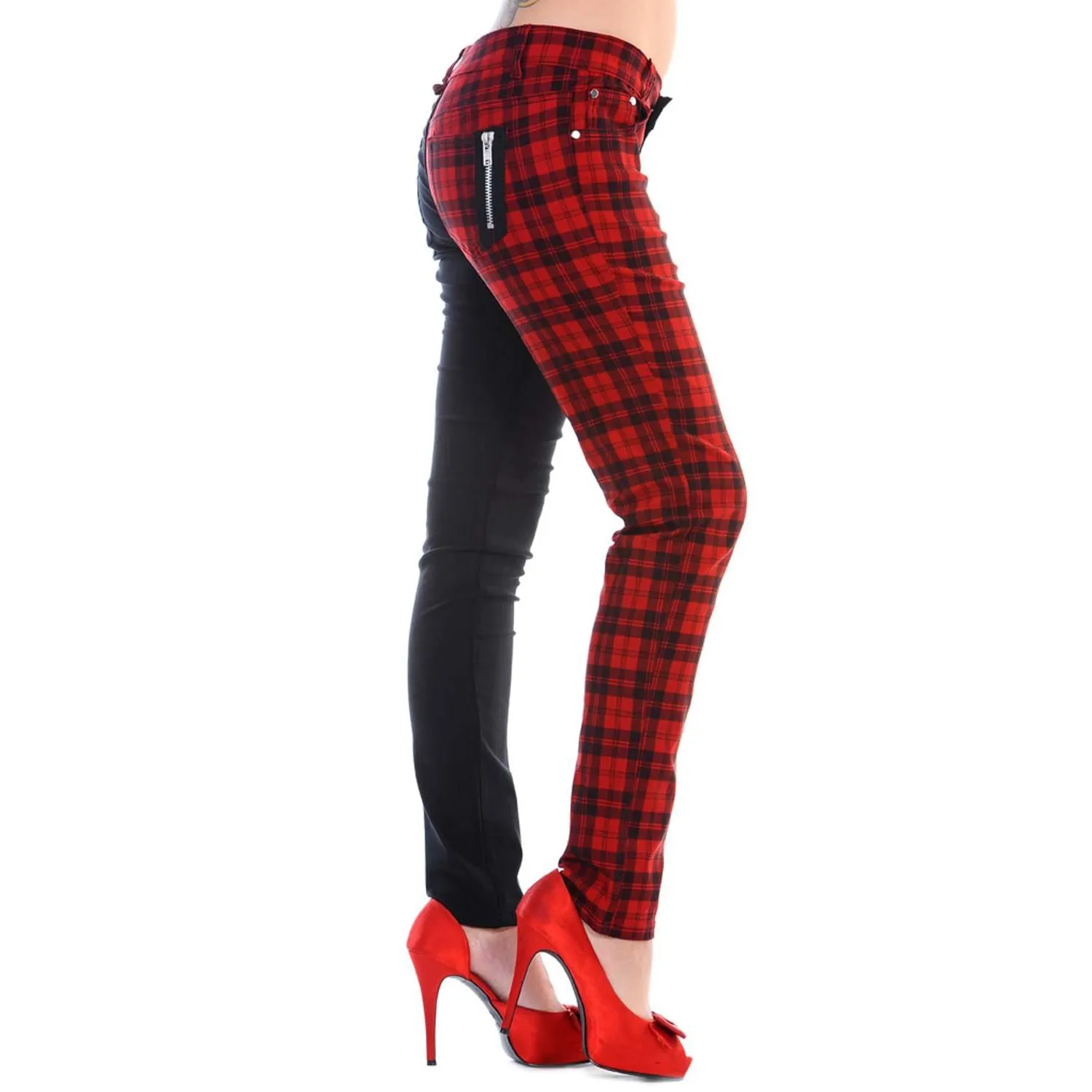 Half Black Half Red Check Womens Skinny Jeans