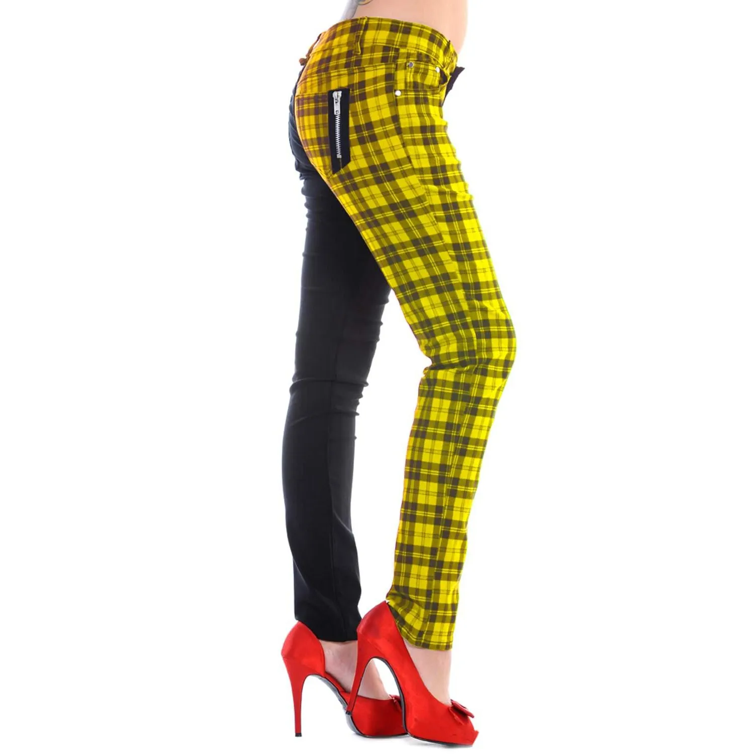 Half Black Half Yellow Check Womens Skinny Jeans