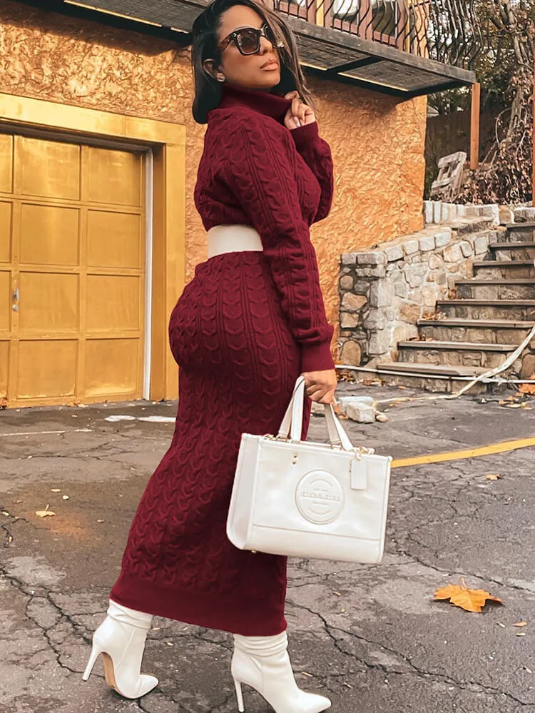 Knit High Neck Long Sleeve Ribbed Midi Dresses