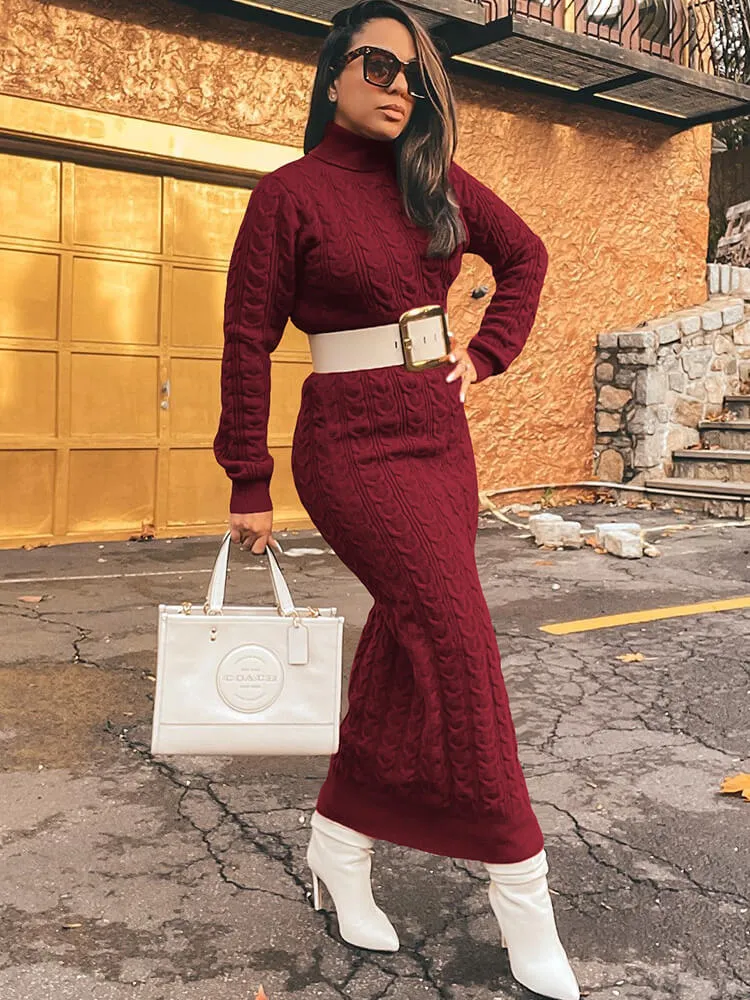 Knit High Neck Long Sleeve Ribbed Midi Dresses