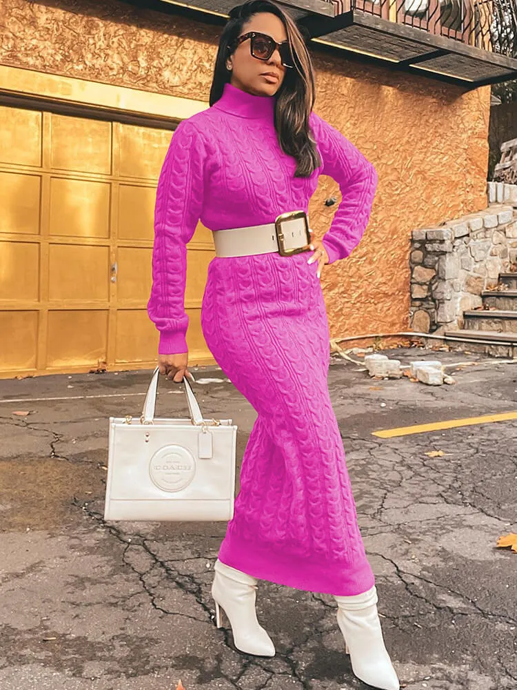 Knit High Neck Long Sleeve Ribbed Midi Dresses