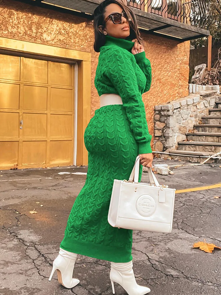 Knit High Neck Long Sleeve Ribbed Midi Dresses