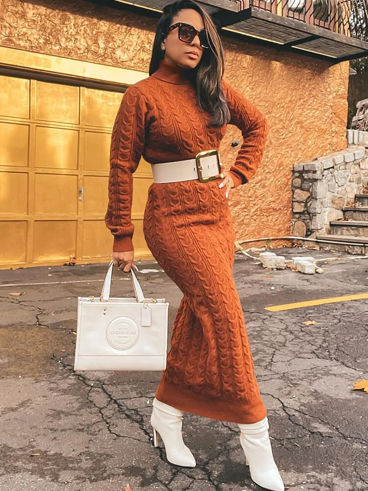 Knit High Neck Long Sleeve Ribbed Midi Dresses