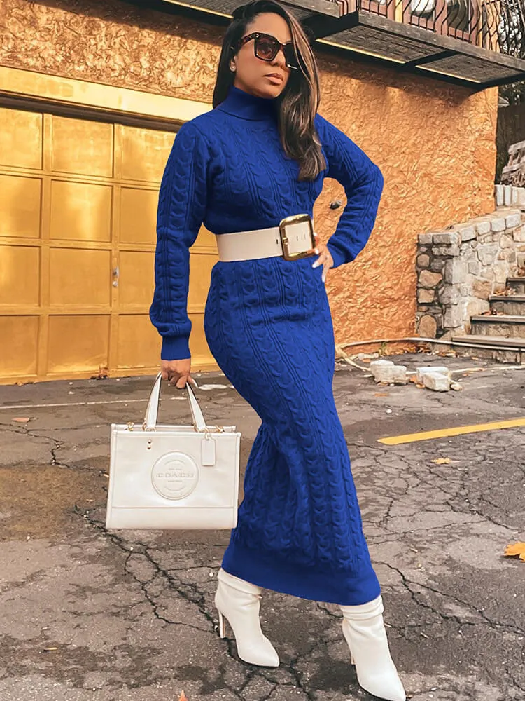 Knit High Neck Long Sleeve Ribbed Midi Dresses