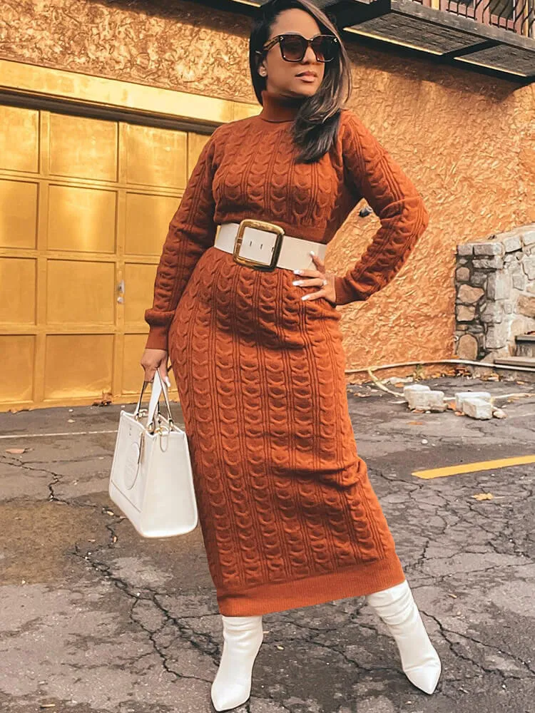 Knit High Neck Long Sleeve Ribbed Midi Dresses