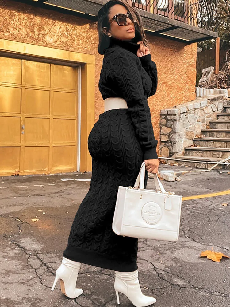 Knit High Neck Long Sleeve Ribbed Midi Dresses