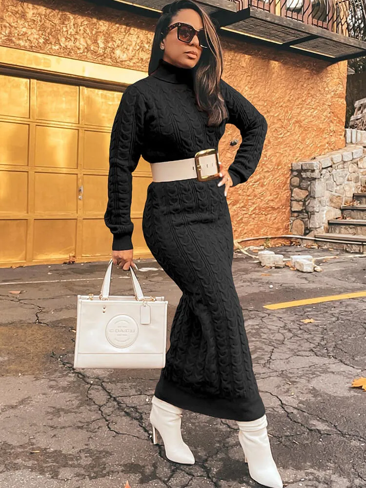 Knit High Neck Long Sleeve Ribbed Midi Dresses
