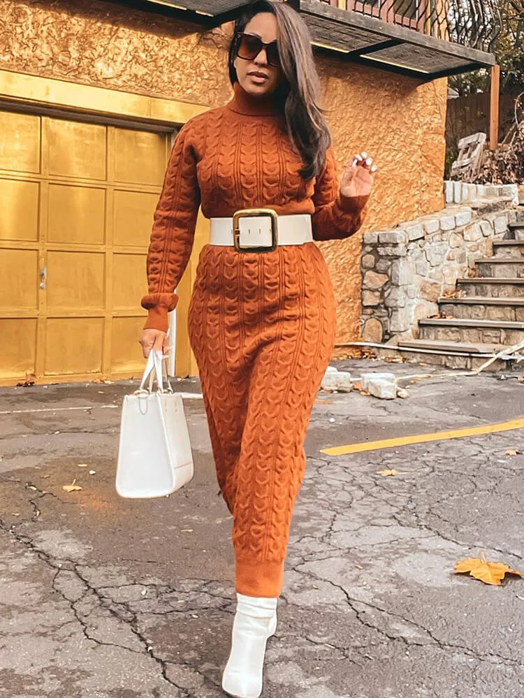 Knit High Neck Long Sleeve Ribbed Midi Dresses