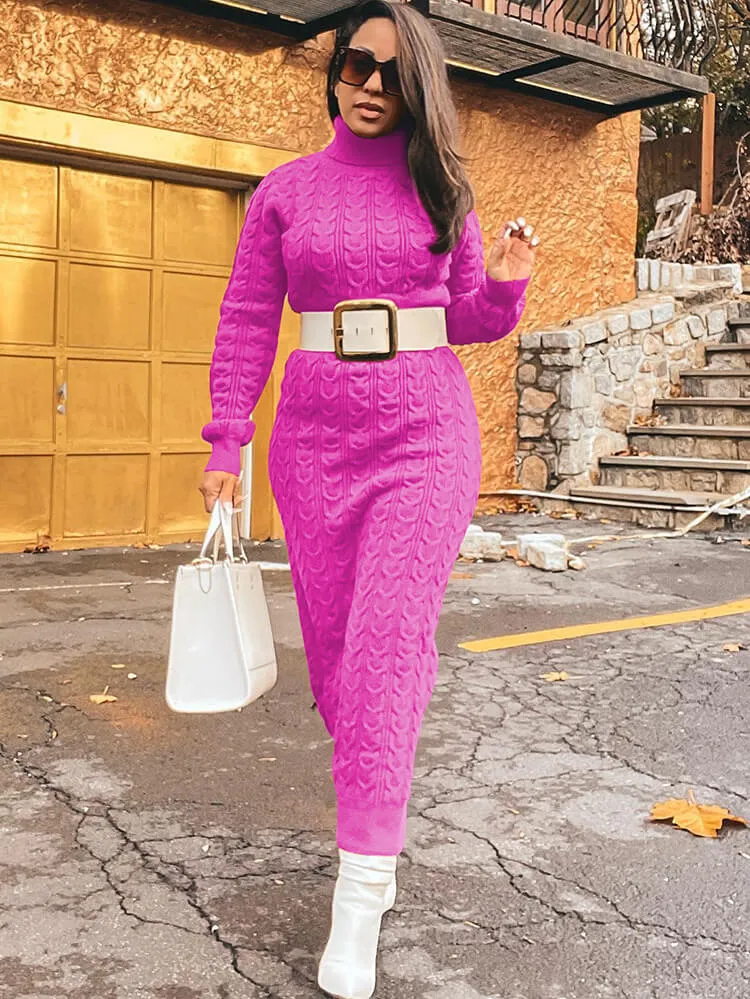 Knit High Neck Long Sleeve Ribbed Midi Dresses