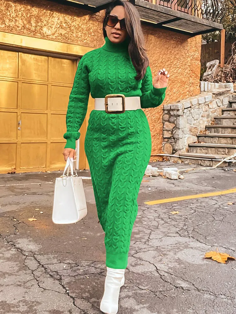 Knit High Neck Long Sleeve Ribbed Midi Dresses