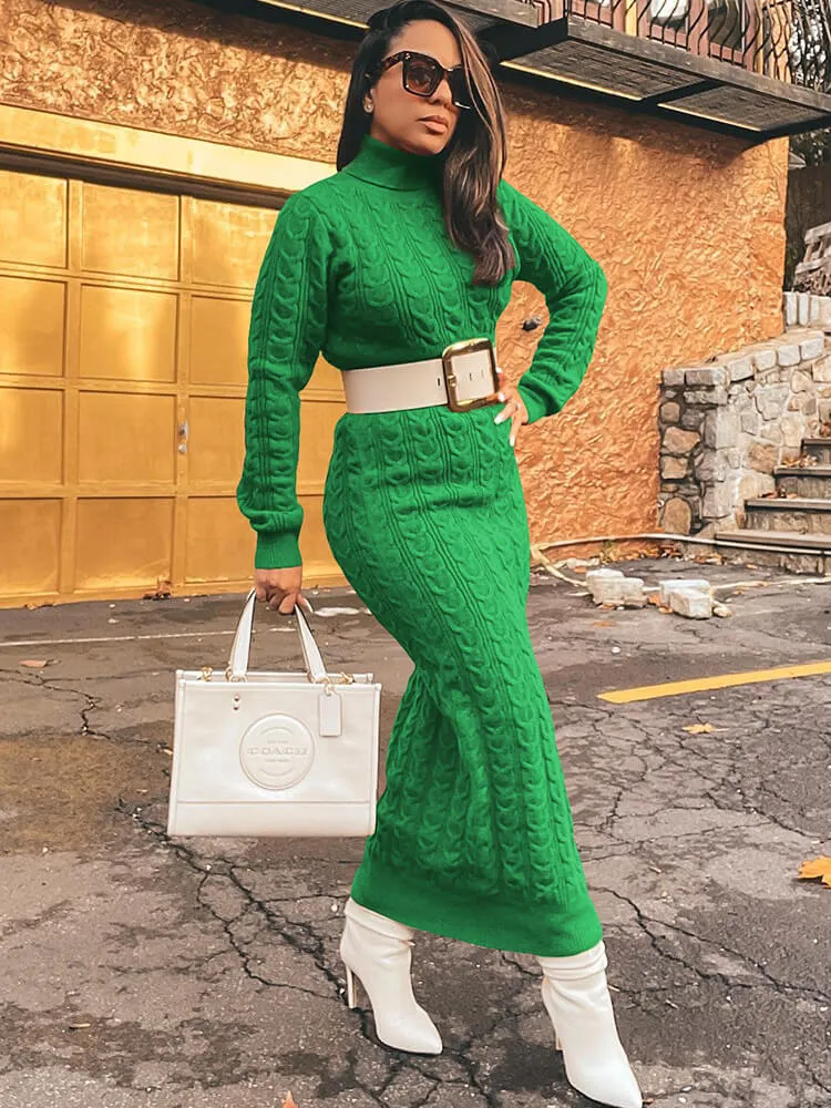 Knit High Neck Long Sleeve Ribbed Midi Dresses