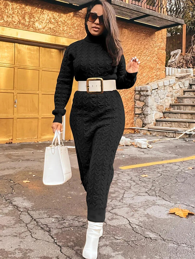 Knit High Neck Long Sleeve Ribbed Midi Dresses